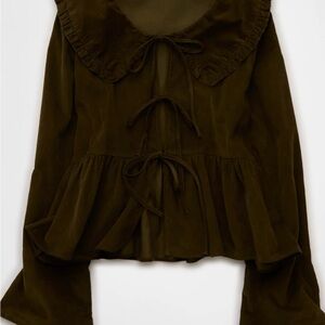 American Eagle Outfitters Dark Brown Ruffle Tie-Front Blouse